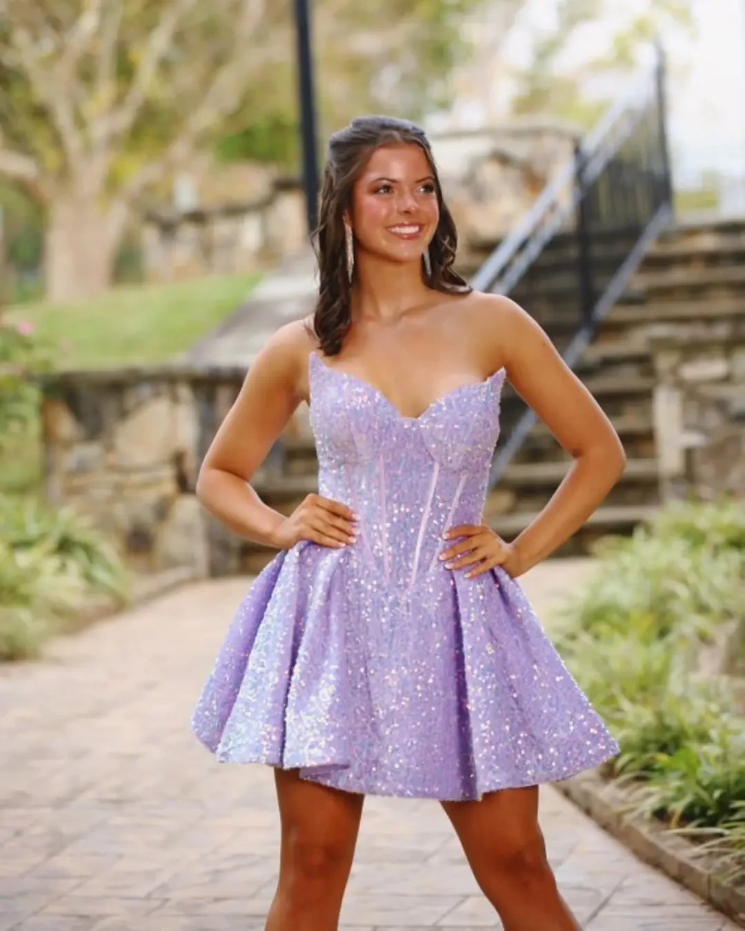 poffie girl wearing purple homecoming dress