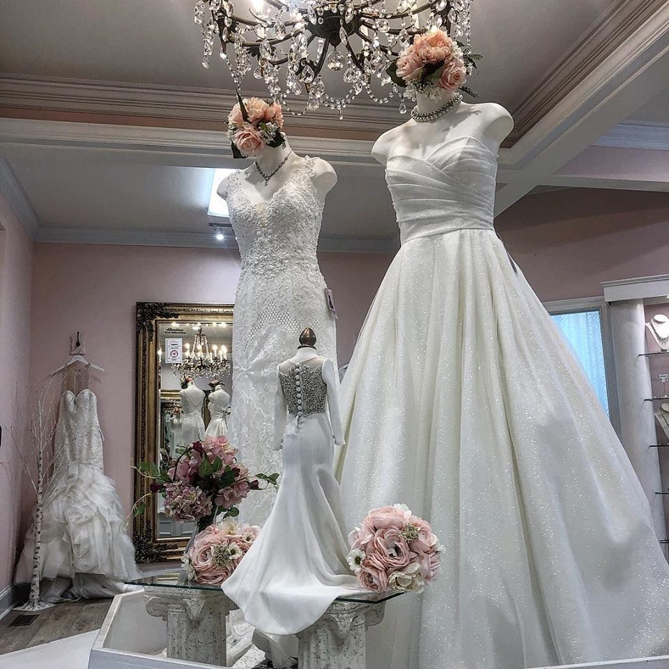 Wedding dresses on display at a bridal shop